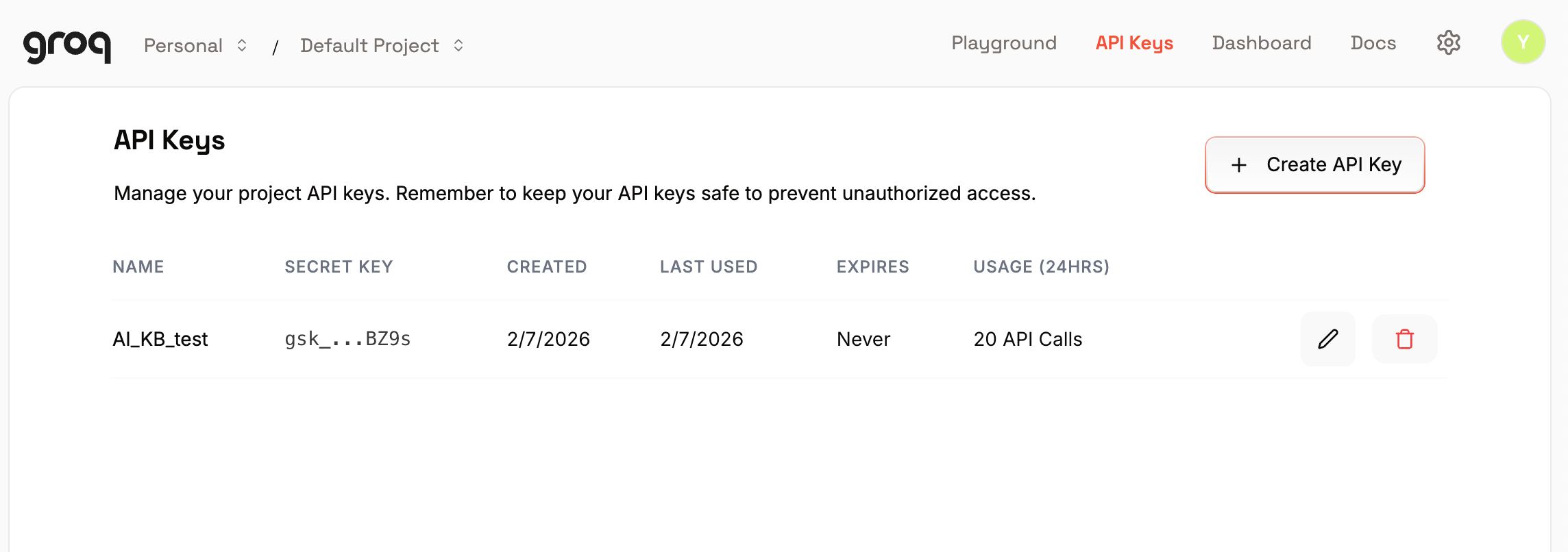 Create API Key dialog